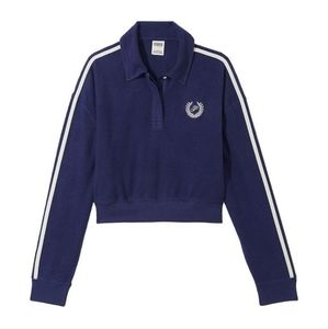 NWT VS PINK Reverse Fleece Cropped Polo Sweatshirt midnight navy size large